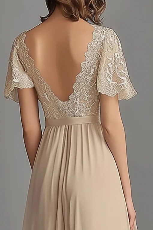 Champagne V Neck Appliques A Line Pleated Mother of the Bride Dress