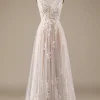 Champagne V-Neck Backless Tulle Wedding Dress with Lace