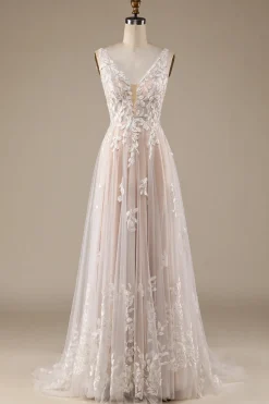 Champagne V-Neck Backless Tulle Wedding Dress with Lace
