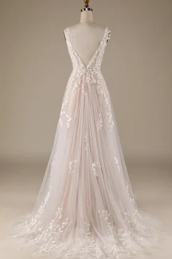 Champagne V-Neck Backless Tulle Wedding Dress with Lace