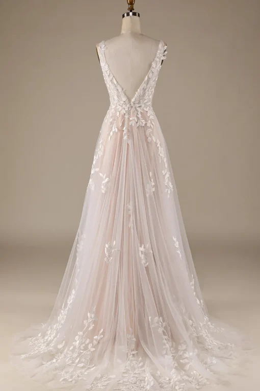 Champagne V-Neck Backless Tulle Wedding Dress with Lace