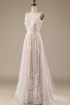Champagne V-Neck Backless Tulle Wedding Dress with Lace