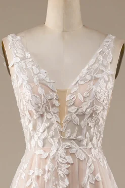 Champagne V-Neck Backless Tulle Wedding Dress with Lace