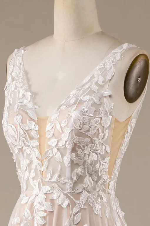 Champagne V-Neck Backless Tulle Wedding Dress with Lace