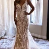 Champagne V-Neck Mermaid Long Lace Wedding Dress