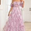 Charming A Line Off the Shoulder Purple Long Prom Dress with Printing