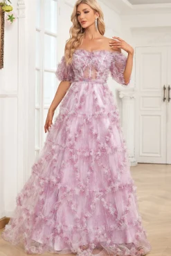 Charming A Line Off the Shoulder Purple Long Prom Dress with Printing