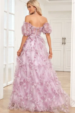 Charming A Line Off the Shoulder Purple Long Prom Dress with Printing