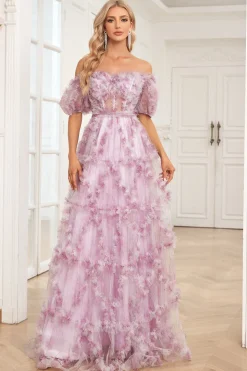 Charming A Line Off the Shoulder Purple Long Prom Dress with Printing