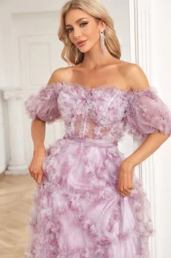 Charming A Line Off the Shoulder Purple Long Prom Dress with Printing