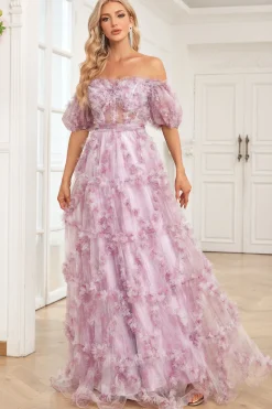 Charming A Line Off the Shoulder Purple Long Prom Dress with Printing
