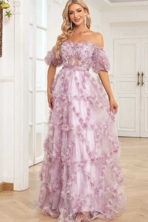 Charming A Line Off the Shoulder Purple Long Prom Dress with Printing