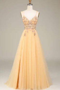 Charming A Line Spaghetti Straps Golden Long Prom Dress with Beading