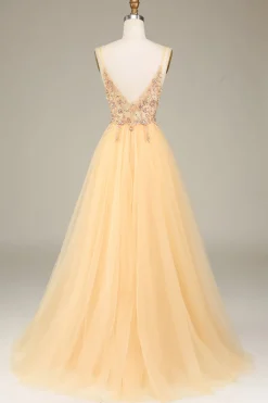 Charming A Line Spaghetti Straps Golden Long Prom Dress with Beading