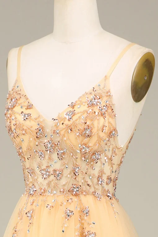 Charming A Line Spaghetti Straps Golden Long Prom Dress with Beading