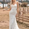 Charming Mermaid Spaghetti Straps Lace Ivory Wedding Dress with Sweep Train