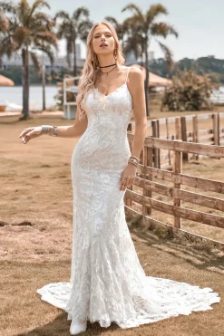 Charming Mermaid Spaghetti Straps Lace Ivory Wedding Dress with Sweep Train