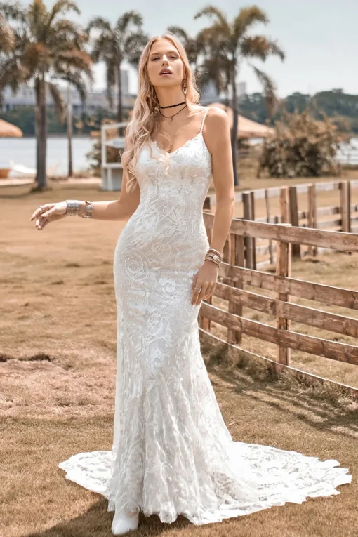 Charming Mermaid Spaghetti Straps Lace Ivory Wedding Dress with Sweep Train