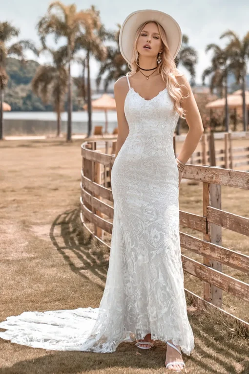 Charming Mermaid Spaghetti Straps Lace Ivory Wedding Dress with Sweep Train
