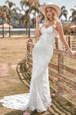 Charming Mermaid Spaghetti Straps Lace Ivory Wedding Dress with Sweep Train
