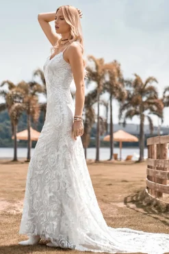 Charming Mermaid Spaghetti Straps Lace Ivory Wedding Dress with Sweep Train