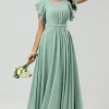 Chiffon A Line Green Bridesmaid Dress with Pleated