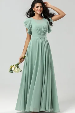 Chiffon A Line Green Bridesmaid Dress with Pleated