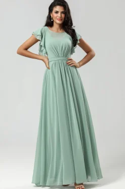 Chiffon A Line Green Bridesmaid Dress with Pleated