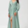 Chiffon A Line Long Sleeves Bridesmaid Dress with Buttons