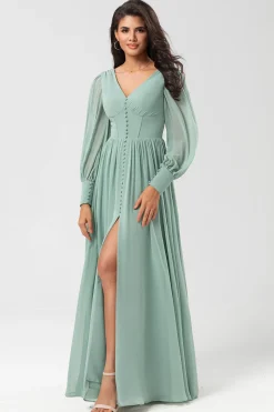 Chiffon A Line Long Sleeves Bridesmaid Dress with Buttons