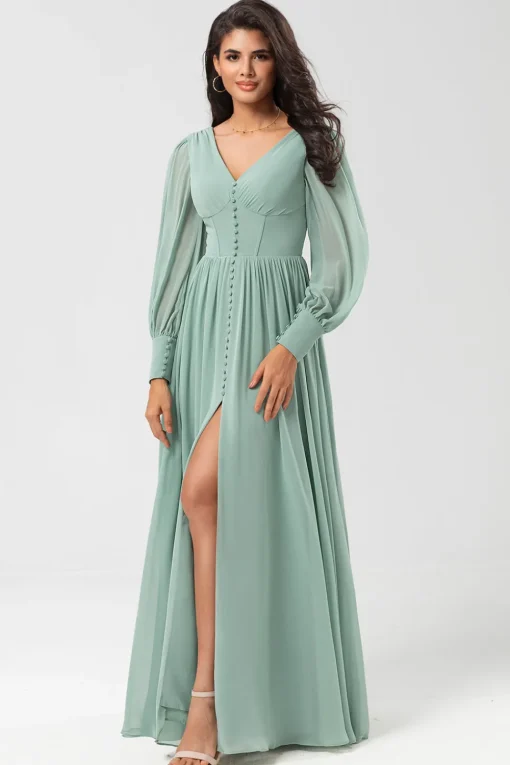 Chiffon A Line Long Sleeves Bridesmaid Dress with Buttons