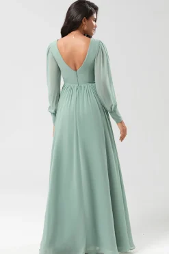 Chiffon A Line Long Sleeves Bridesmaid Dress with Buttons