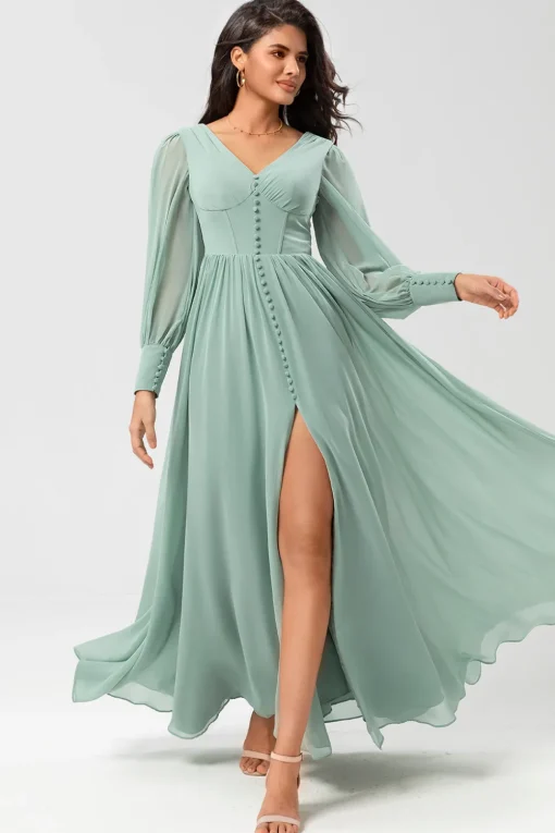 Chiffon A Line Long Sleeves Bridesmaid Dress with Buttons