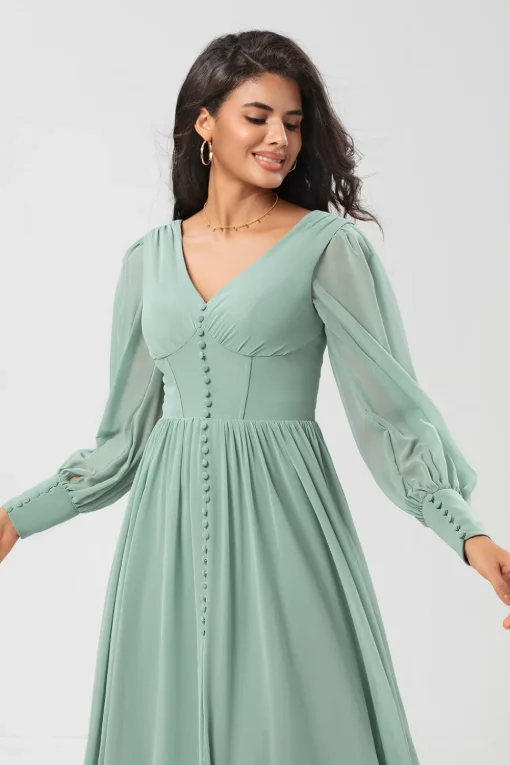 Chiffon A Line Long Sleeves Bridesmaid Dress with Buttons