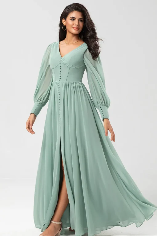 Chiffon A Line Long Sleeves Bridesmaid Dress with Buttons