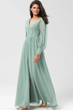Chiffon A Line Long Sleeves Bridesmaid Dress with Buttons