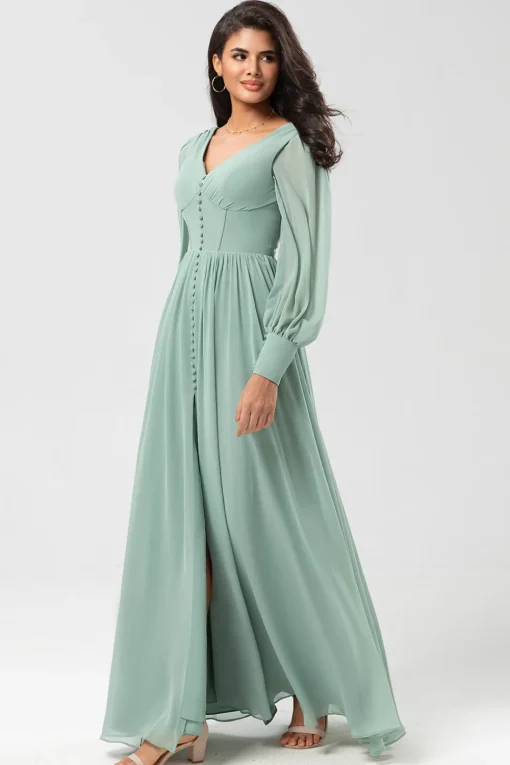 Chiffon A Line Long Sleeves Bridesmaid Dress with Buttons