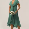 Chraming A Line V-Neck Short Sleeves Eucalyptus Bridesmaid Dress With Bow