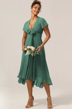 Chraming A Line V-Neck Short Sleeves Eucalyptus Bridesmaid Dress With Bow