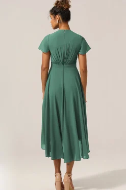 Chraming A Line V-Neck Short Sleeves Eucalyptus Bridesmaid Dress With Bow
