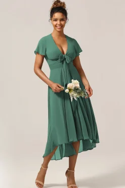 Chraming A Line V-Neck Short Sleeves Eucalyptus Bridesmaid Dress With Bow