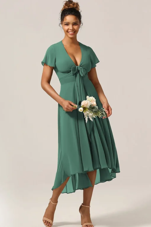 Chraming A Line V-Neck Short Sleeves Eucalyptus Bridesmaid Dress With Bow