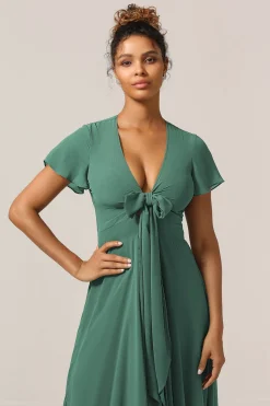 Chraming A Line V-Neck Short Sleeves Eucalyptus Bridesmaid Dress With Bow