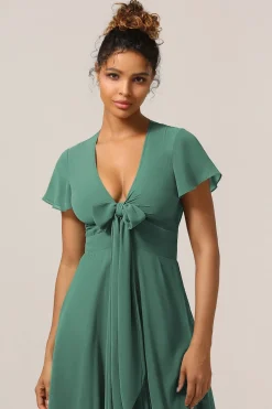 Chraming A Line V-Neck Short Sleeves Eucalyptus Bridesmaid Dress With Bow
