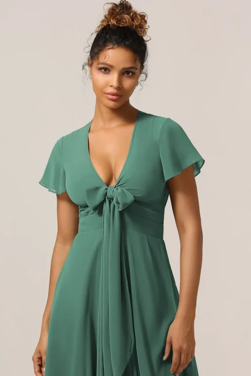 Chraming A Line V-Neck Short Sleeves Eucalyptus Bridesmaid Dress With Bow