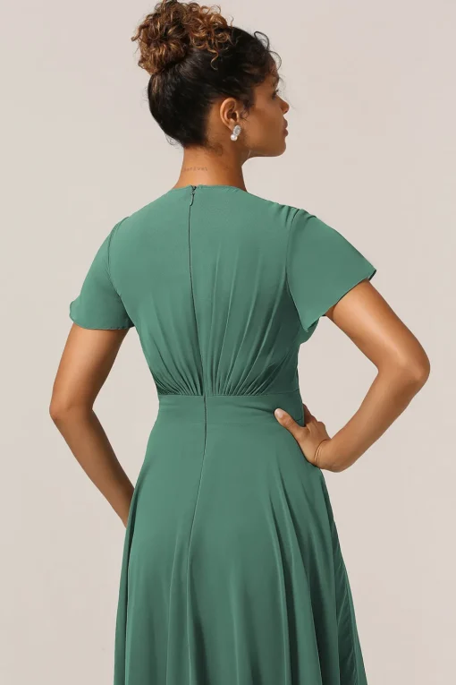 Chraming A Line V-Neck Short Sleeves Eucalyptus Bridesmaid Dress With Bow