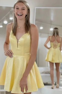 Classic A Line Spaghetti Straps Yellow Graduation Dress with Criss Cross
