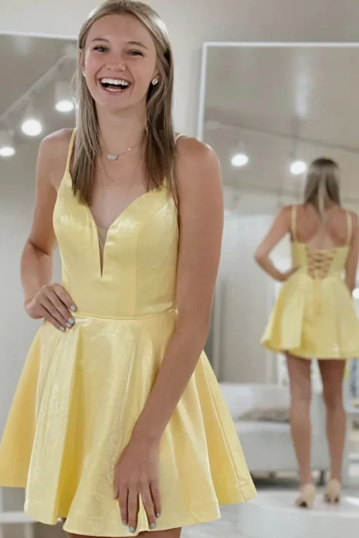 Classic A Line Spaghetti Straps Yellow Graduation Dress with Criss Cross