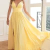 Classic A Line V Neck Yellow Long Prom Dress with Slit