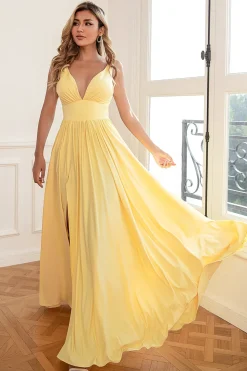 Classic A Line V Neck Yellow Long Prom Dress with Slit